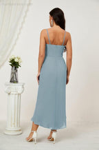 Numbersea Spaghetti Chiffon V Neck Bridesmaid Dress Mid-Length Slit Formal Prom Dress Homecoming Dress 2803