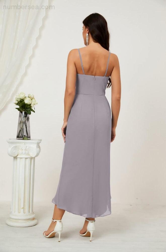 Numbersea Spaghetti Chiffon V Neck Bridesmaid Dress Mid-Length Slit Formal Prom Dress Homecoming Dress 2803