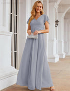 Numbersea Chiffon Bridesmaid Dress Cap Sleeves Maxi Prom Gowns Party Wedding Mother of The Bride Dresses for Women SEA28047