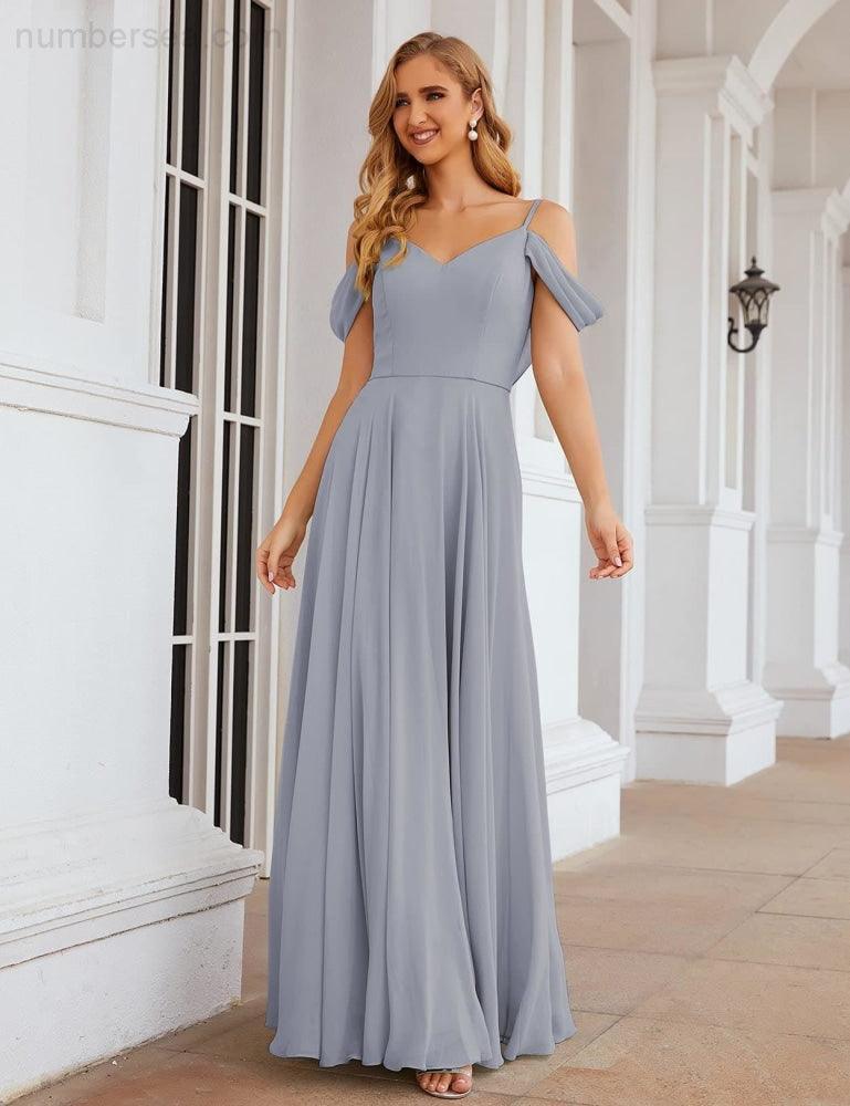 Numbersea Cold Shoulder Chiffon Bridesmaid Dresses Long Maxi Formal Prom Gowns for Women Party  SEA28059