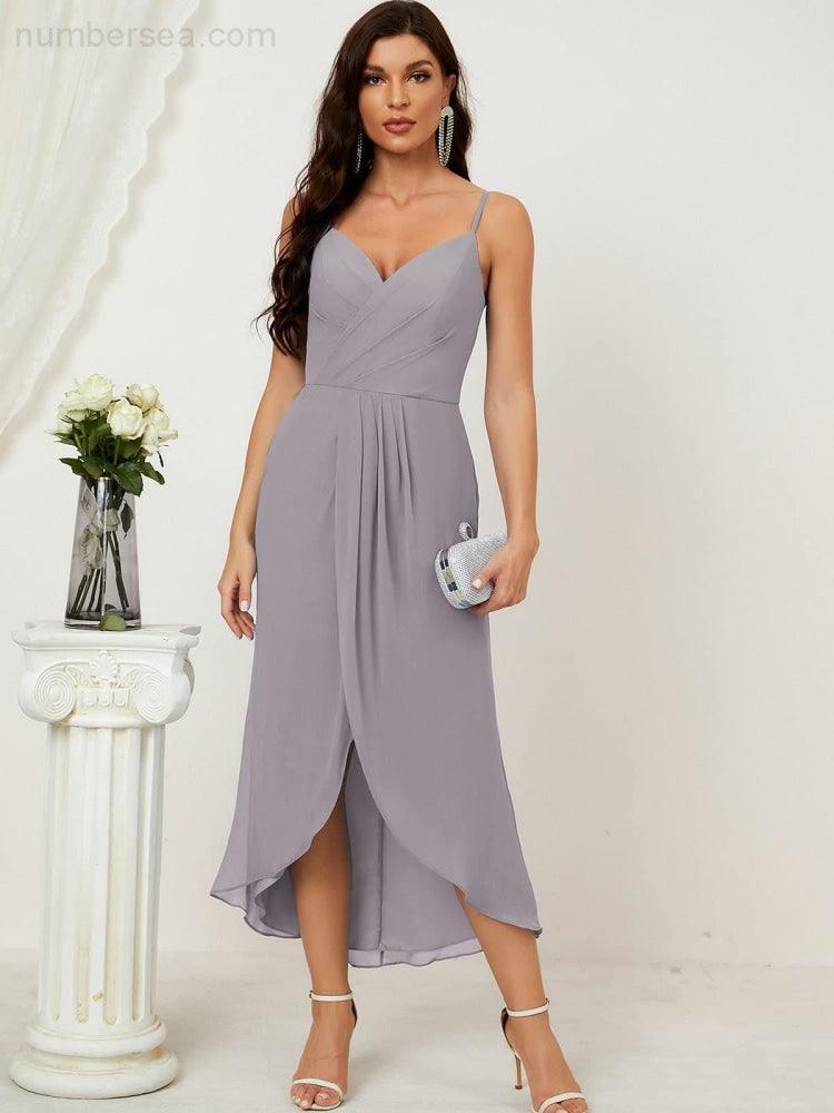 Numbersea Spaghetti Chiffon V Neck Bridesmaid Dress Mid-Length Slit Formal Prom Dress Homecoming Dress 2803