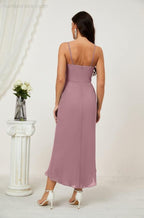 Numbersea Spaghetti Chiffon V Neck Bridesmaid Dress Mid-Length Slit Formal Prom Dress Homecoming Dress 2803