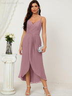 Numbersea Spaghetti Chiffon V Neck Bridesmaid Dress Mid-Length Slit Formal Prom Dress Homecoming Dress 2803