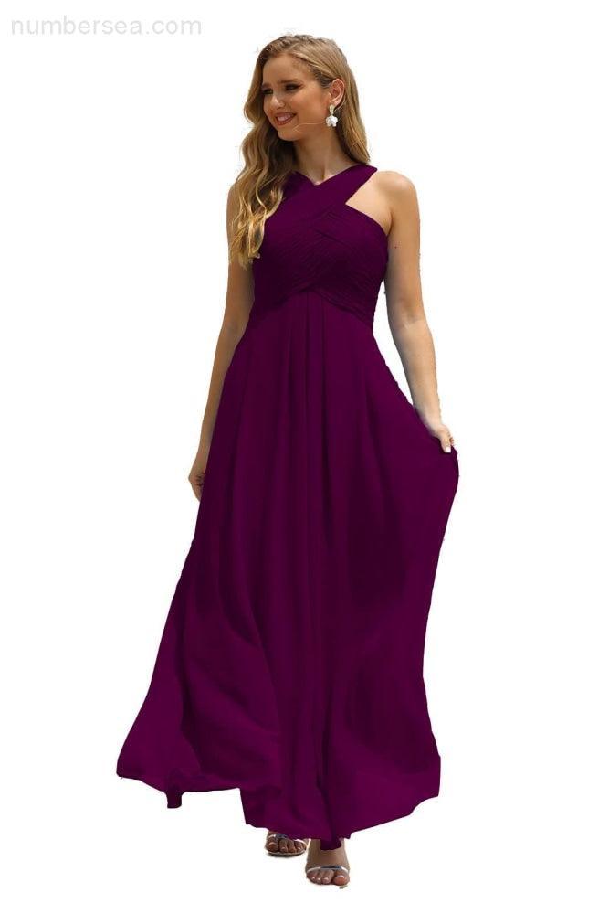 Numbersea Women Halter Chiffon Bridesmaid Dress A-line Long Formal Prom Gown SEA28015
