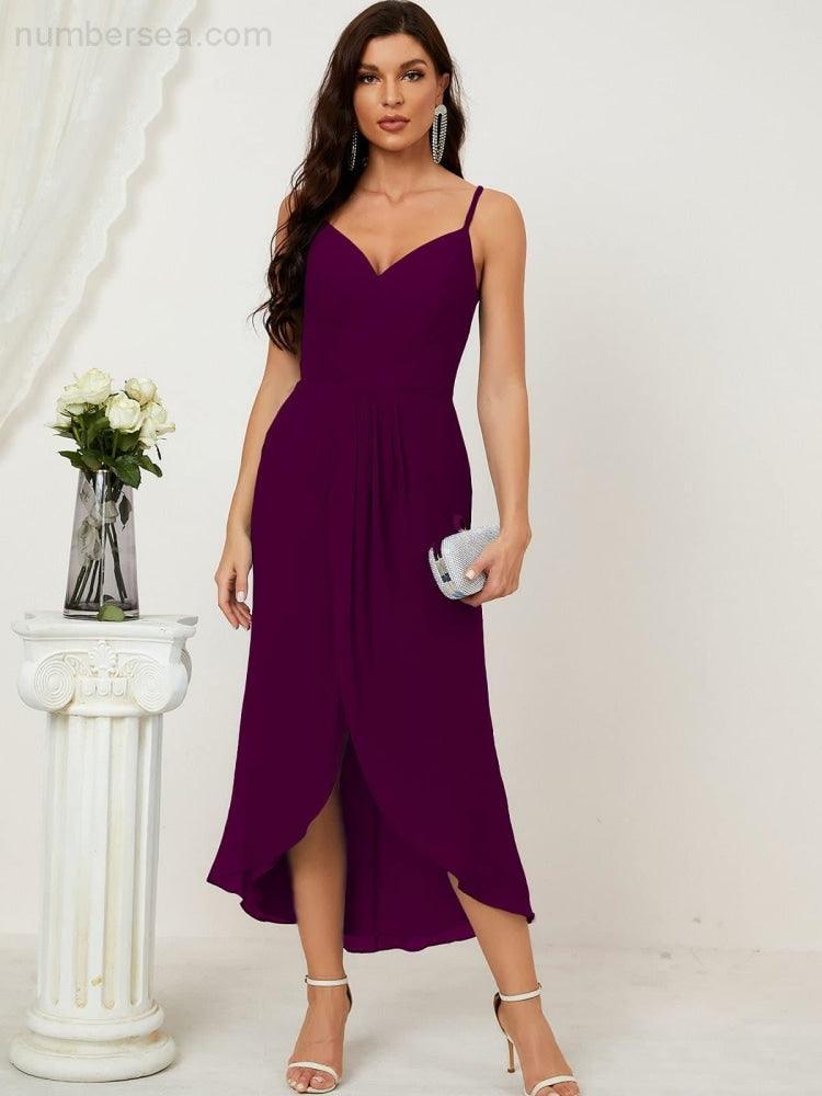 Numbersea Spaghetti Chiffon V Neck Bridesmaid Dress Mid-Length Slit Formal Prom Dress Homecoming Dress 2803