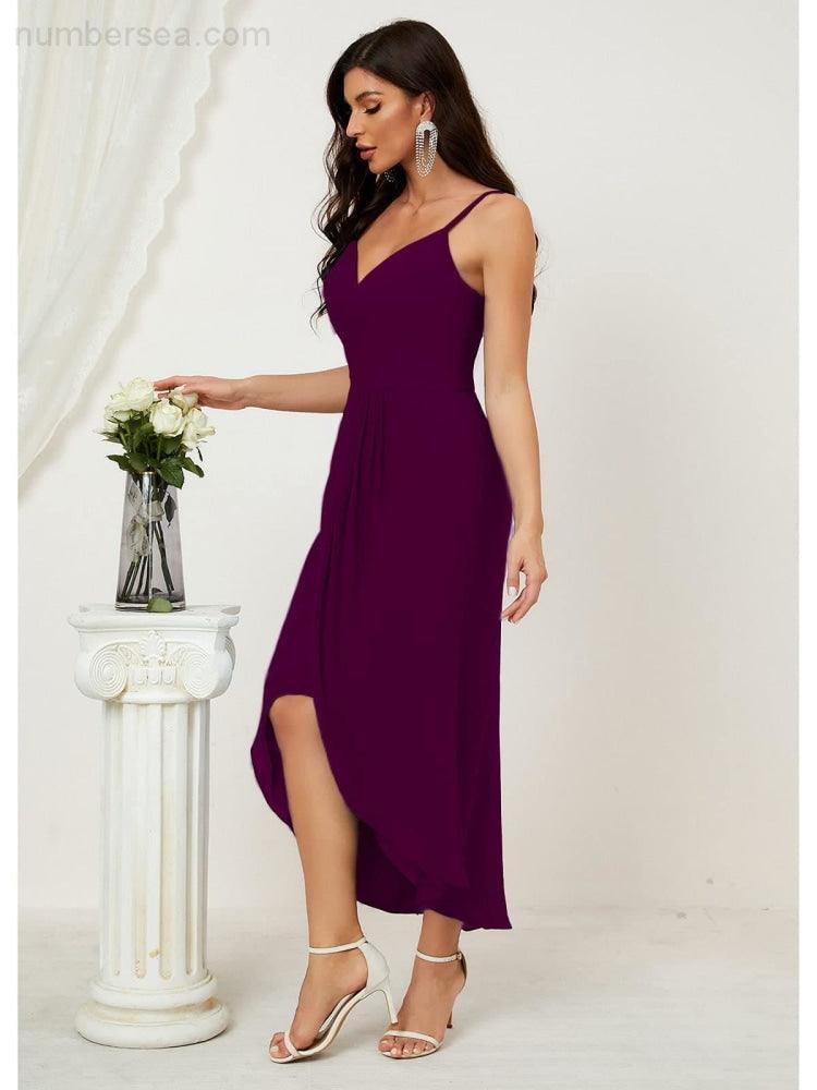Numbersea Spaghetti Chiffon V Neck Bridesmaid Dress Mid-Length Slit Formal Prom Dress Homecoming Dress 2803