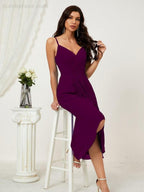 Numbersea Spaghetti Chiffon V Neck Bridesmaid Dress Mid-Length Slit Formal Prom Dress Homecoming Dress 2803