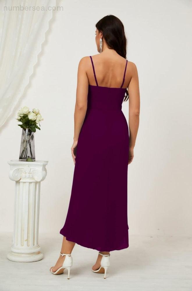 Numbersea Spaghetti Chiffon V Neck Bridesmaid Dress Mid-Length Slit Formal Prom Dress Homecoming Dress 2803