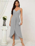 Numbersea Spaghetti Chiffon V Neck Bridesmaid Dress Mid-Length Slit Formal Prom Dress Homecoming Dress 2803
