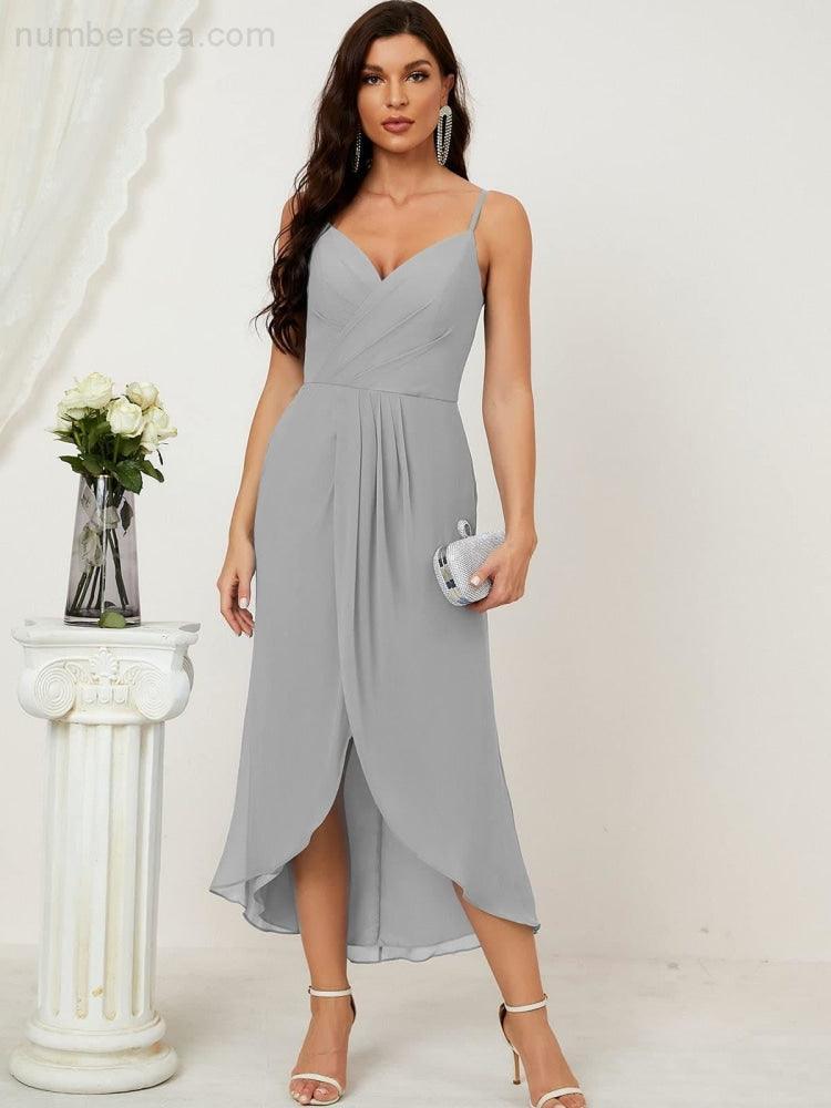 Numbersea Spaghetti Chiffon V Neck Bridesmaid Dress Mid-Length Slit Formal Prom Dress Homecoming Dress 2803