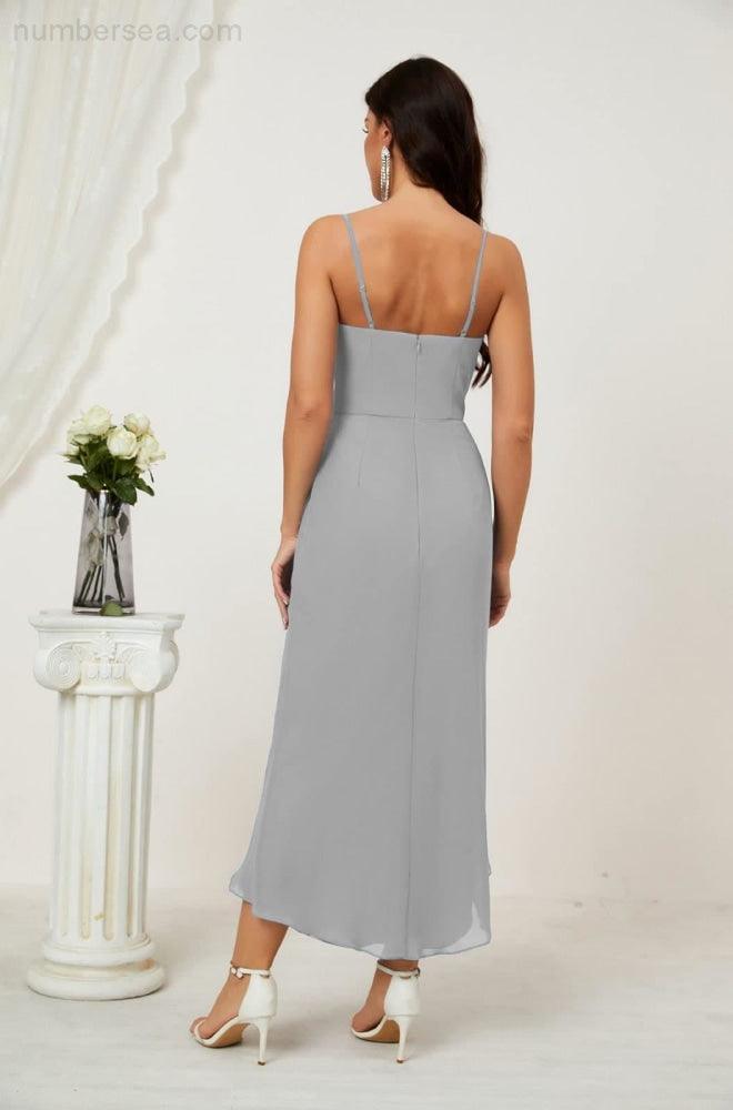 Numbersea Spaghetti Chiffon V Neck Bridesmaid Dress Mid-Length Slit Formal Prom Dress Homecoming Dress 2803