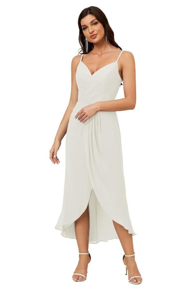 Numbersea Spaghetti Chiffon V Neck Bridesmaid Dress Mid-Length Slit Formal Prom Dress Homecoming Dress 2803