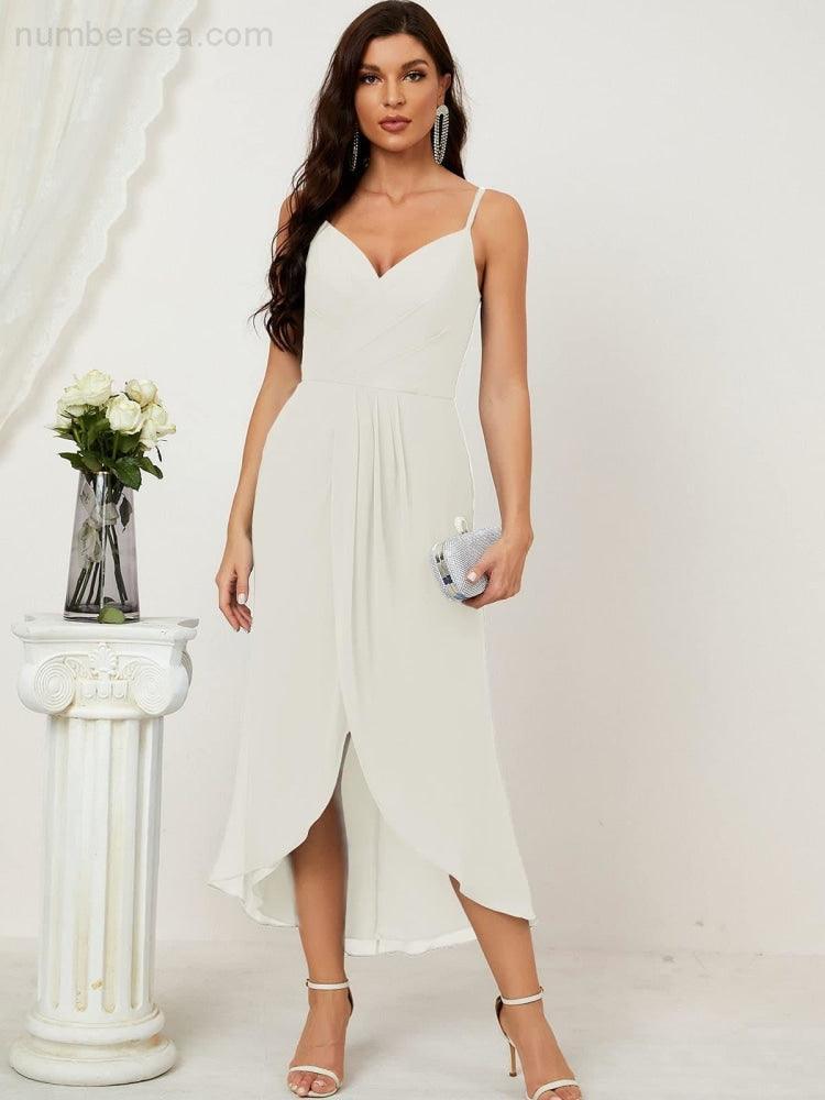 Numbersea Spaghetti Chiffon V Neck Bridesmaid Dress Mid-Length Slit Formal Prom Dress Homecoming Dress 2803