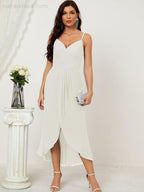 Numbersea Spaghetti Chiffon V Neck Bridesmaid Dress Mid-Length Slit Formal Prom Dress Homecoming Dress 2803