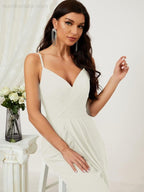 Numbersea Spaghetti Chiffon V Neck Bridesmaid Dress Mid-Length Slit Formal Prom Dress Homecoming Dress 2803