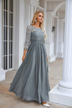 Ladies Round Neck Long Sleeve Lace Chiffon Bridesmaid Evening Dress Prom Wedding Evening Dress 28114