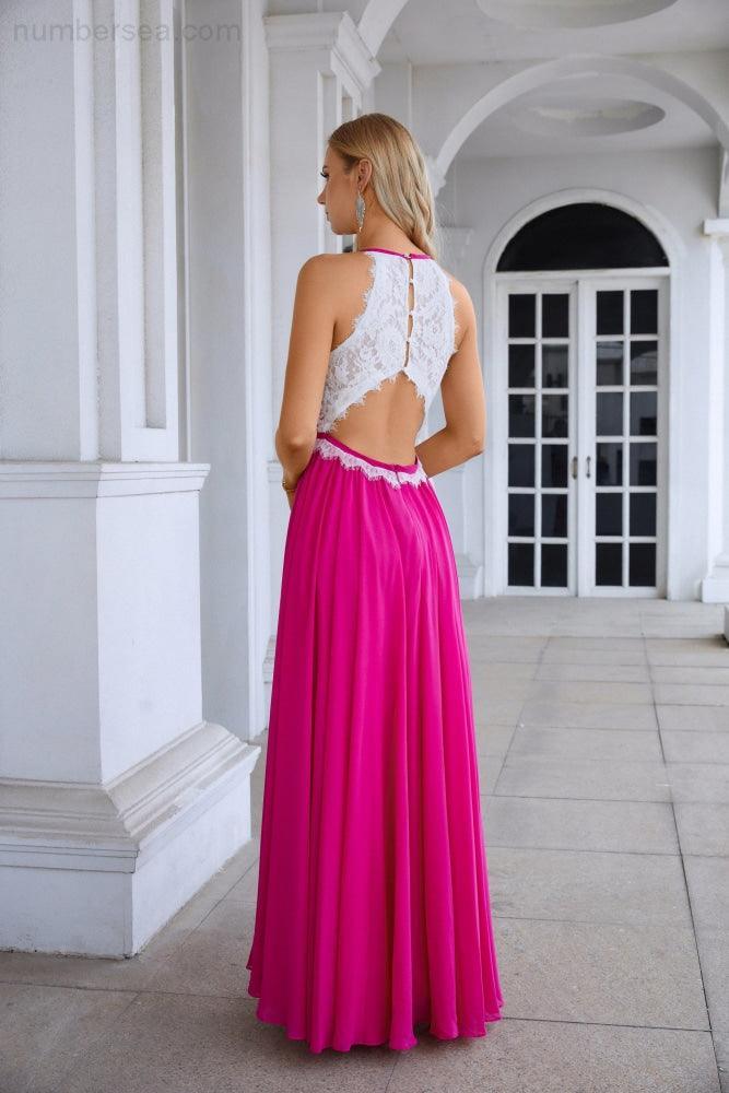 Women's Halter Neck Sleeveless Chiffon Lace Bridesmaid Evening Dress Wedding Prom Party Evening Dress 28120