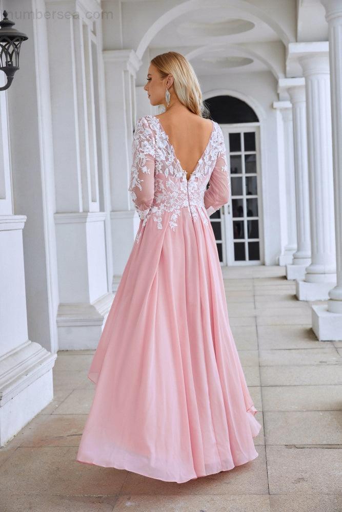 Ladies Round Neck Long Sleeve Chiffon Lace Short Front Short Back Length Length Bridesmaid Evening Dress Wedding Evening Dress 28123