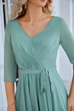 Ladies Chiffon Long Sleeve V Neck Floor Length Bridesmaid Evening Dress Wedding Party Beach Evening Dress 28095