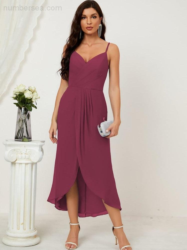 Numbersea Spaghetti Chiffon V Neck Bridesmaid Dress Mid-Length Slit Formal Prom Dress Homecoming Dress 2803