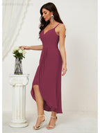 Numbersea Spaghetti Chiffon V Neck Bridesmaid Dress Mid-Length Slit Formal Prom Dress Homecoming Dress 2803