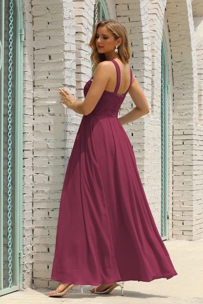 Numbersea Women Halter Chiffon Bridesmaid Dress A-line Long Formal Prom Gown SEA28015