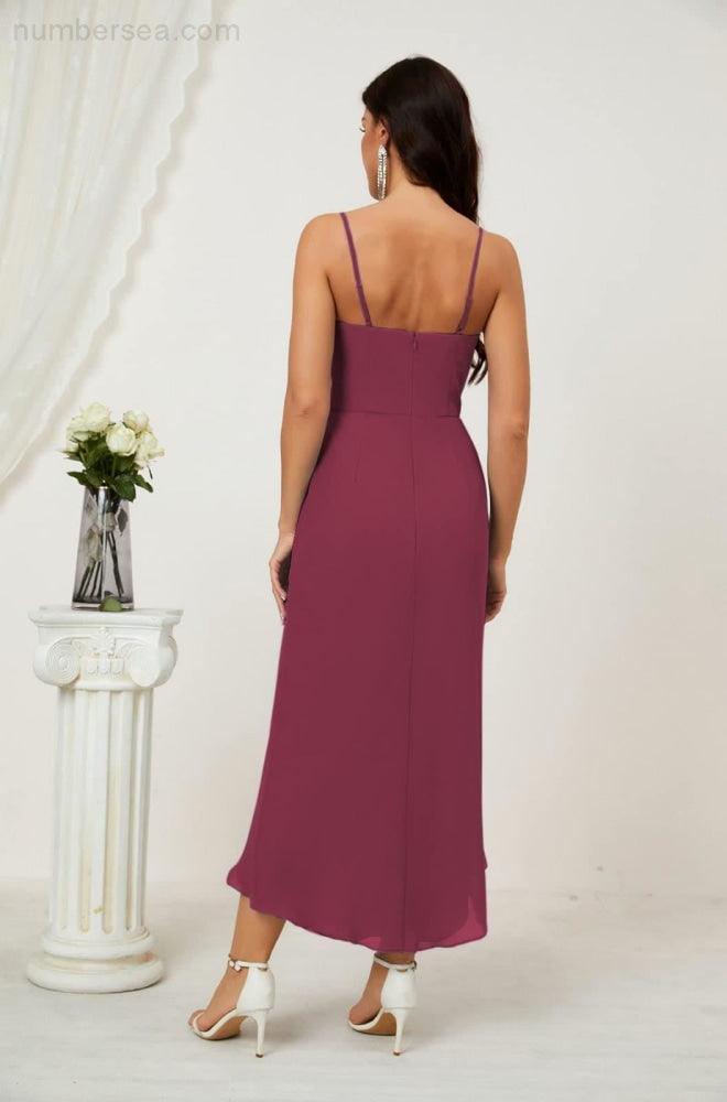 Numbersea Spaghetti Chiffon V Neck Bridesmaid Dress Mid-Length Slit Formal Prom Dress Homecoming Dress 2803