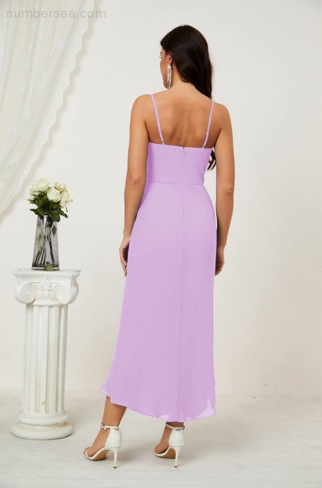 Numbersea Spaghetti Chiffon V Neck Bridesmaid Dress Mid-Length Slit Formal Prom Dress Homecoming Dress 2803