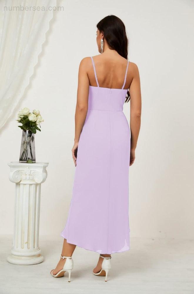Numbersea Spaghetti Chiffon V Neck Bridesmaid Dress Mid-Length Slit Formal Prom Dress Homecoming Dress 2803