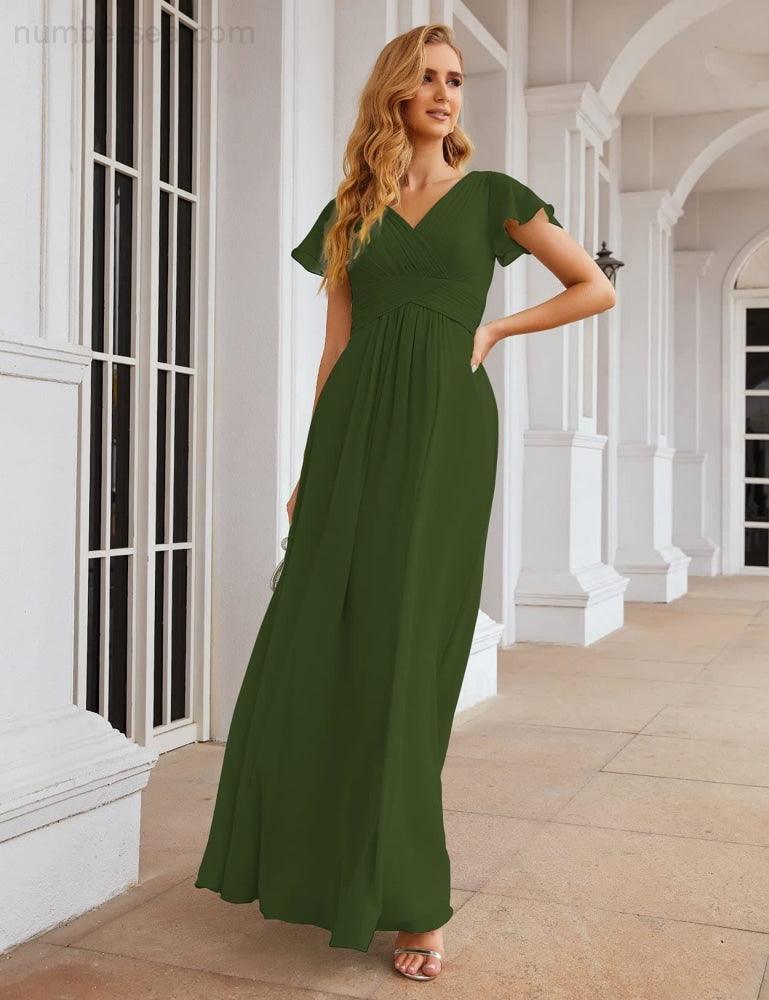 Numbersea Chiffon Bridesmaid Dress Cap Sleeves Maxi Prom Gowns Party Wedding Mother of The Bride Dresses for Women SEA28047