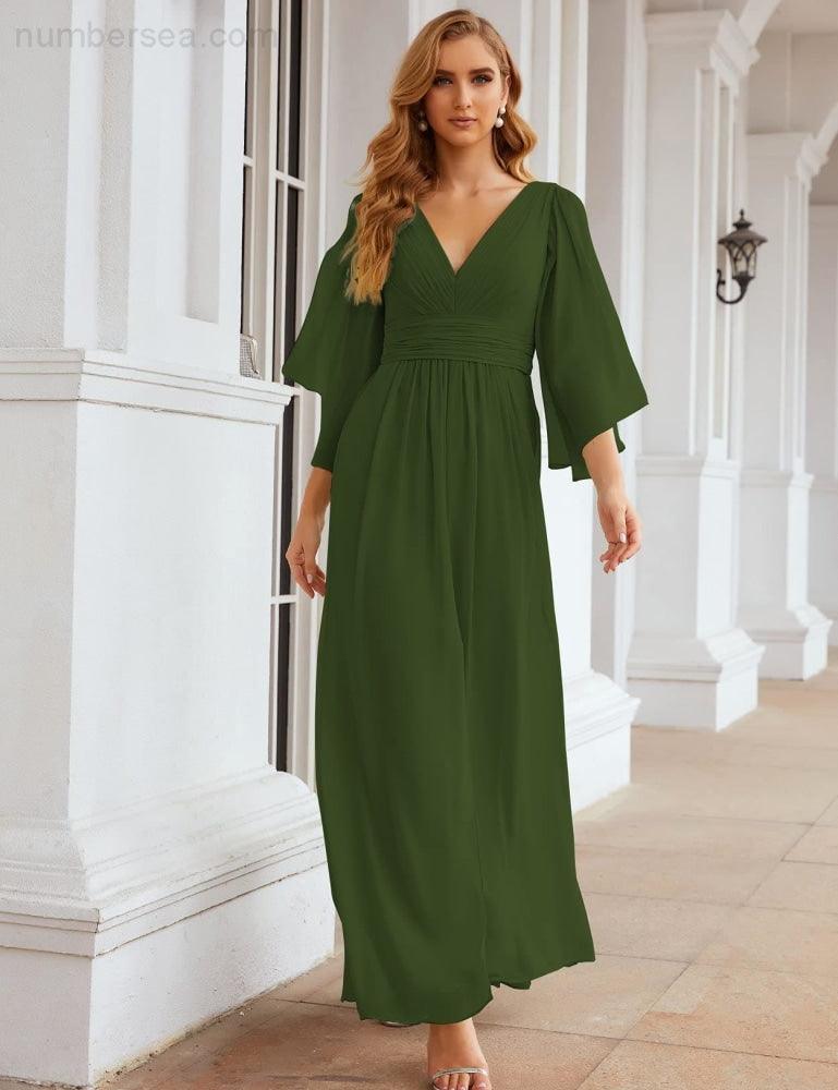 Numbersea Chiffon Bridesmaid Dresses with Split for Women Wedding Long Party Prom Gown Flutter Sleeve SEA28045