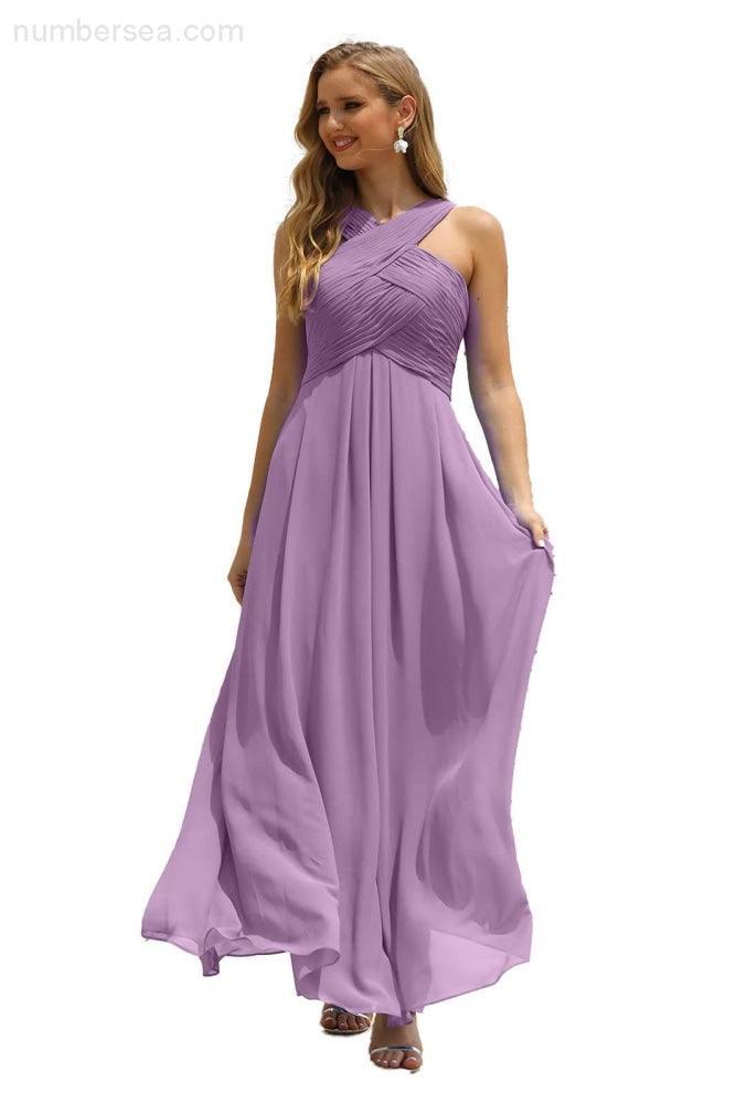Numbersea Women Halter Chiffon Bridesmaid Dress A-line Long Formal Prom Gown SEA28015