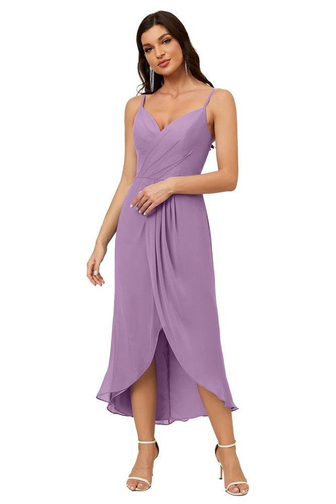 Numbersea Spaghetti Chiffon V Neck Bridesmaid Dress Mid-Length Slit Formal Prom Dress Homecoming Dress 2803