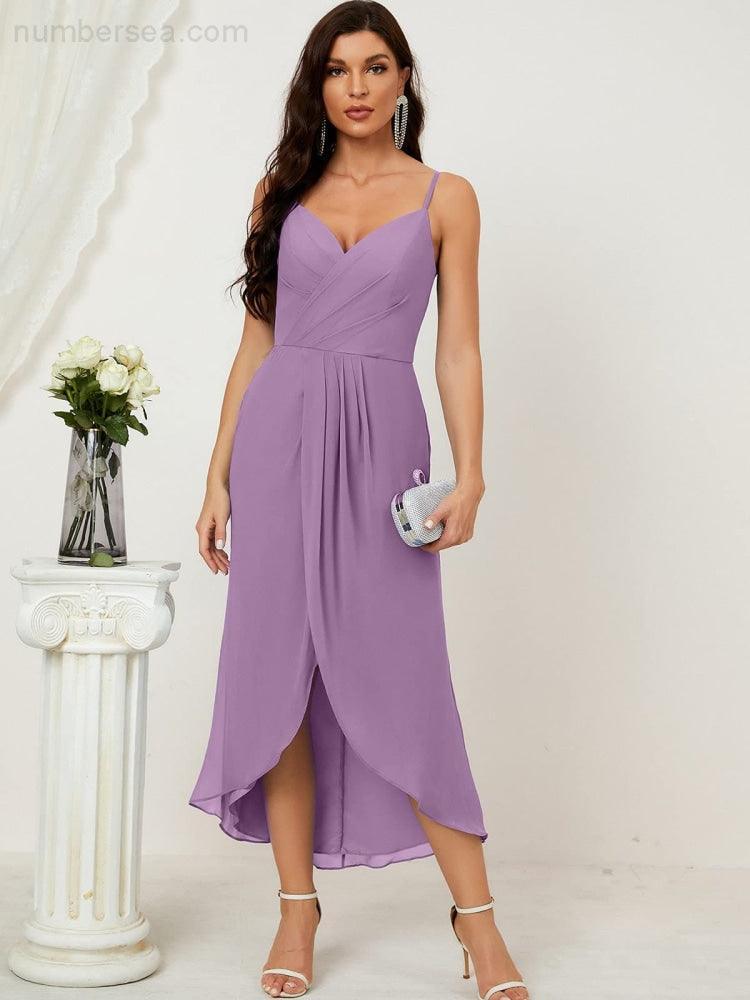 Numbersea Spaghetti Chiffon V Neck Bridesmaid Dress Mid-Length Slit Formal Prom Dress Homecoming Dress 2803