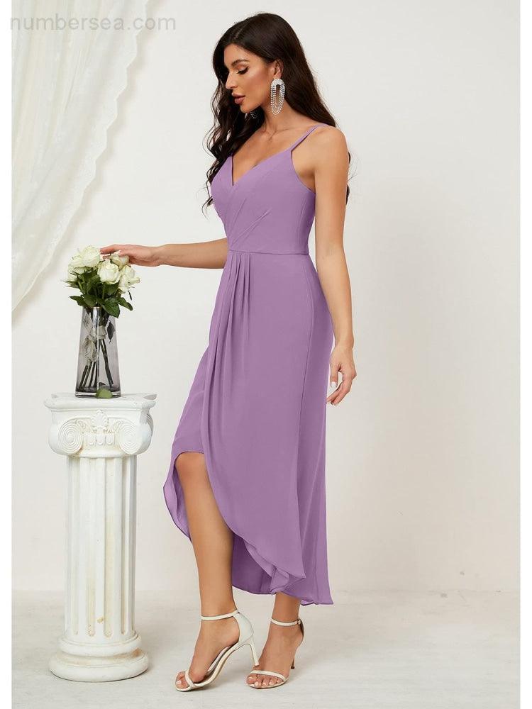 Numbersea Spaghetti Chiffon V Neck Bridesmaid Dress Mid-Length Slit Formal Prom Dress Homecoming Dress 2803