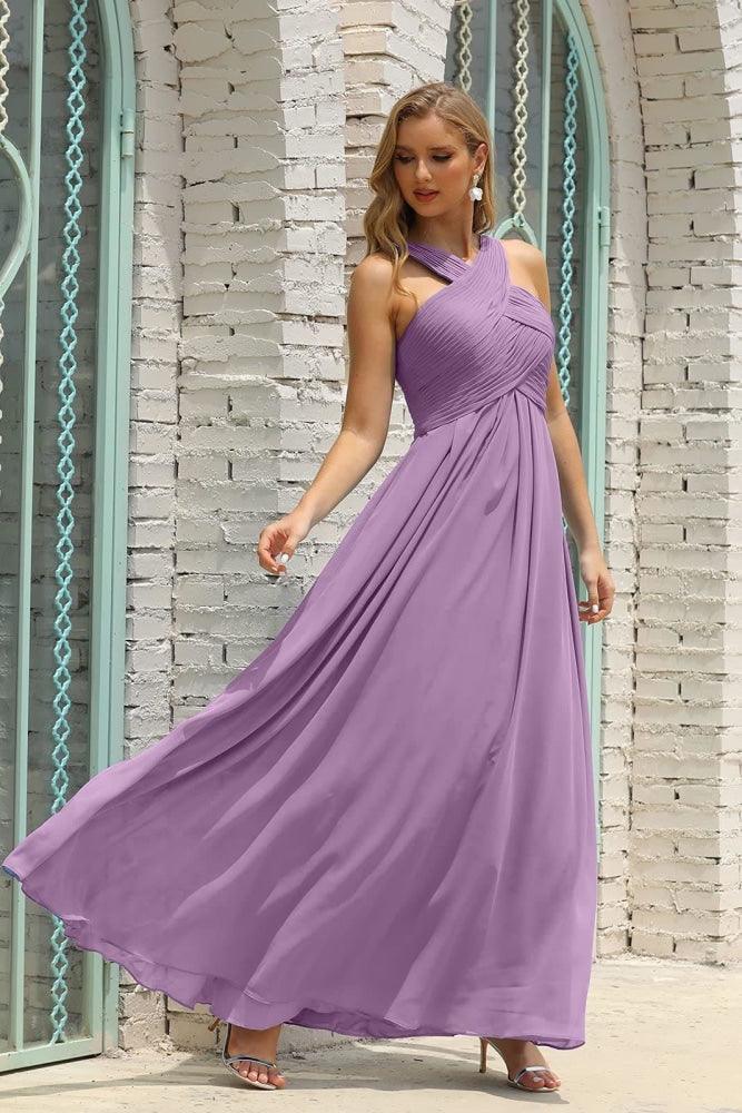 Numbersea Women Halter Chiffon Bridesmaid Dress A-line Long Formal Prom Gown SEA28015