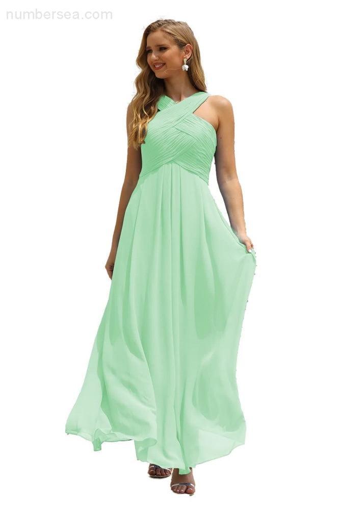 Numbersea Women Halter Chiffon Bridesmaid Dress A-line Long Formal Prom Gown SEA28015