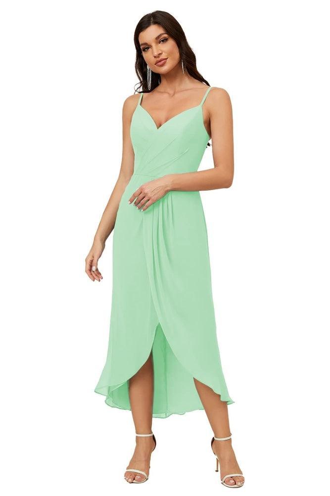 Numbersea Spaghetti Chiffon V Neck Bridesmaid Dress Mid-Length Slit Formal Prom Dress Homecoming Dress 2803