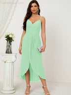 Numbersea Spaghetti Chiffon V Neck Bridesmaid Dress Mid-Length Slit Formal Prom Dress Homecoming Dress 2803