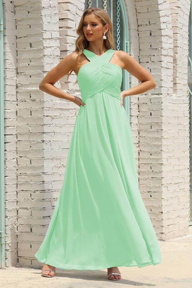 Numbersea Women Halter Chiffon Bridesmaid Dress A-line Long Formal Prom Gown SEA28015