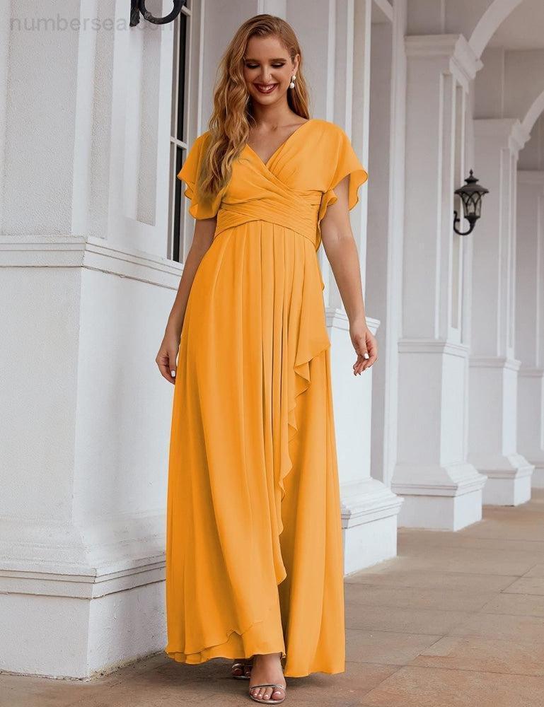 Numbersea Chiffon Bridesmaid Dresses Long Formal Evening Prom Mother of The Bride Dress with Flutter Sleeve     SEA28040