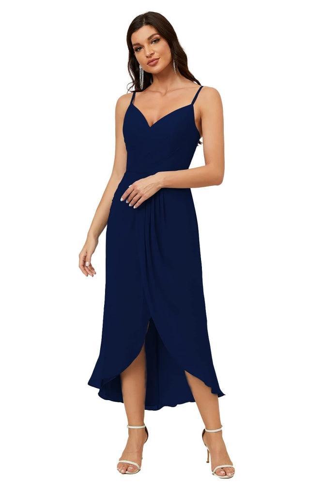 Numbersea Spaghetti Chiffon V Neck Bridesmaid Dress Mid-Length Slit Formal Prom Dress Homecoming Dress 2803