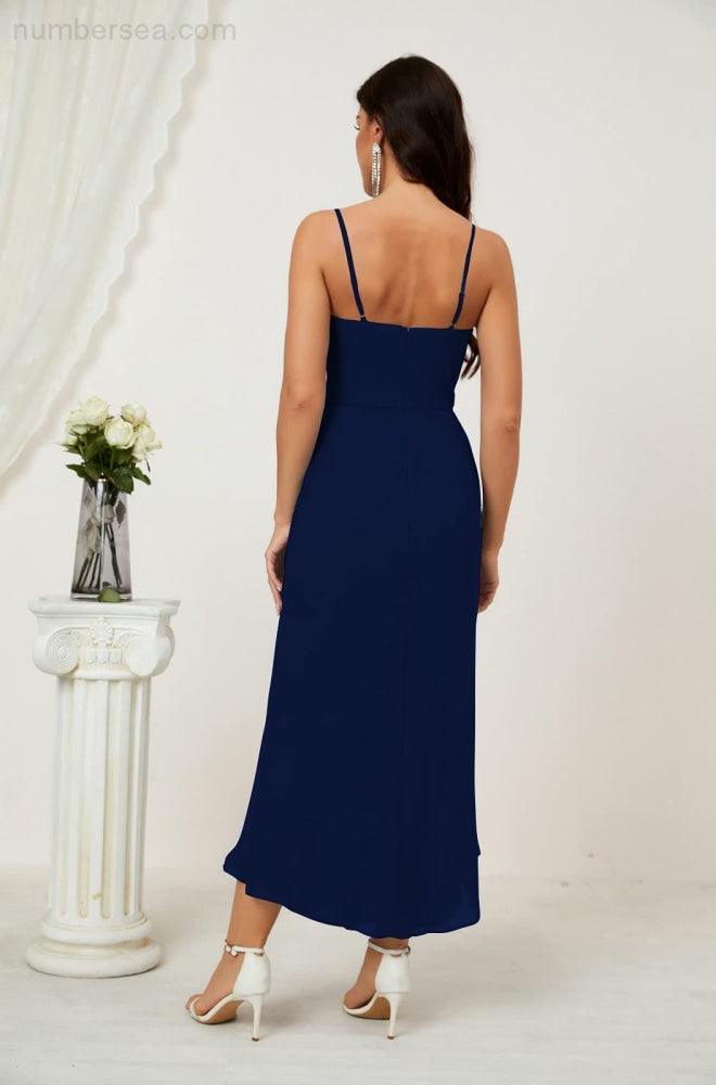 Numbersea Spaghetti Chiffon V Neck Bridesmaid Dress Mid-Length Slit Formal Prom Dress Homecoming Dress 2803