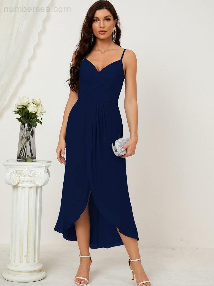 Numbersea Spaghetti Chiffon V Neck Bridesmaid Dress Mid-Length Slit Formal Prom Dress Homecoming Dress 2803
