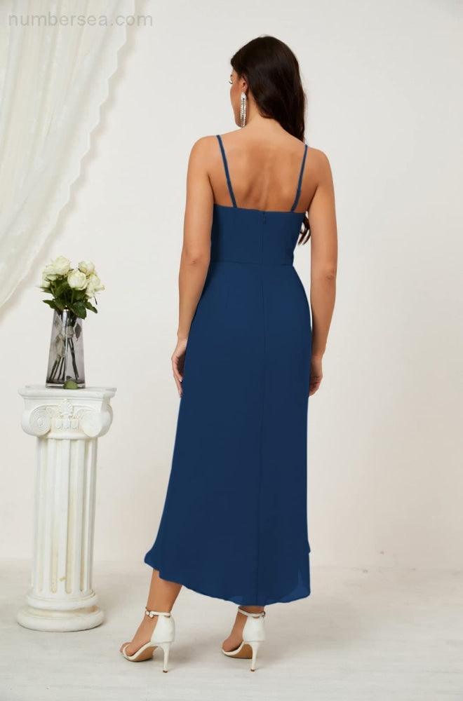 Numbersea Spaghetti Chiffon V Neck Bridesmaid Dress Mid-Length Slit Formal Prom Dress Homecoming Dress 2803