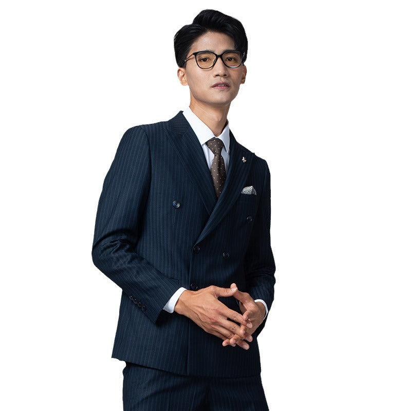 Double breasted suit men's suit British grey striped business casual suit men's formal suit slim fit groom's wedding dress