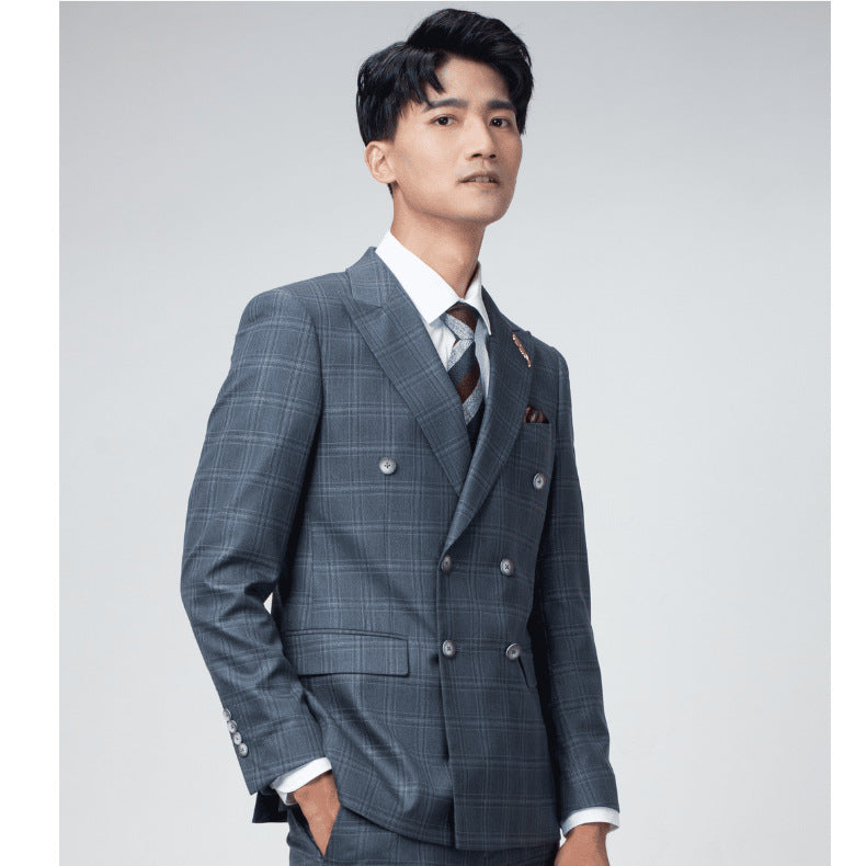 Double breasted suit men's suit slim fit Korean style trendy wedding groom British dress casual plus size men's suit