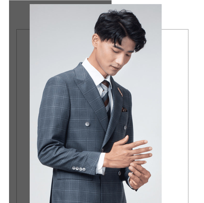 Double breasted suit men's suit slim fit Korean style trendy wedding groom British dress casual plus size men's suit