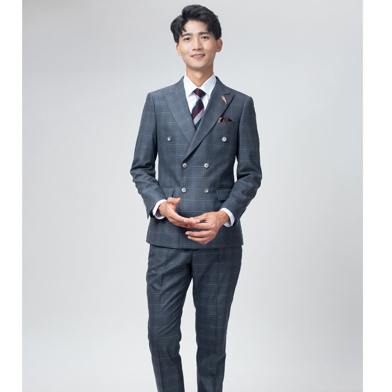 Double breasted suit men's suit slim fit Korean style trendy wedding groom British dress casual plus size men's suit
