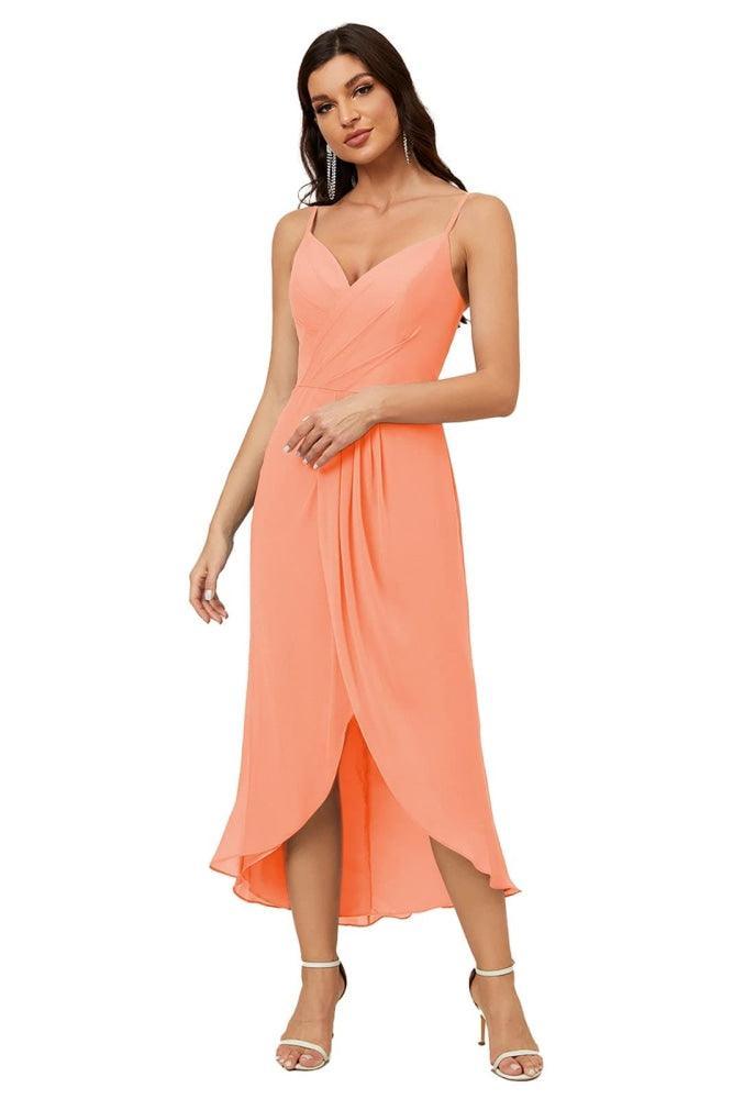 Numbersea Spaghetti Chiffon V Neck Bridesmaid Dress Mid-Length Slit Formal Prom Dress Homecoming Dress 2803